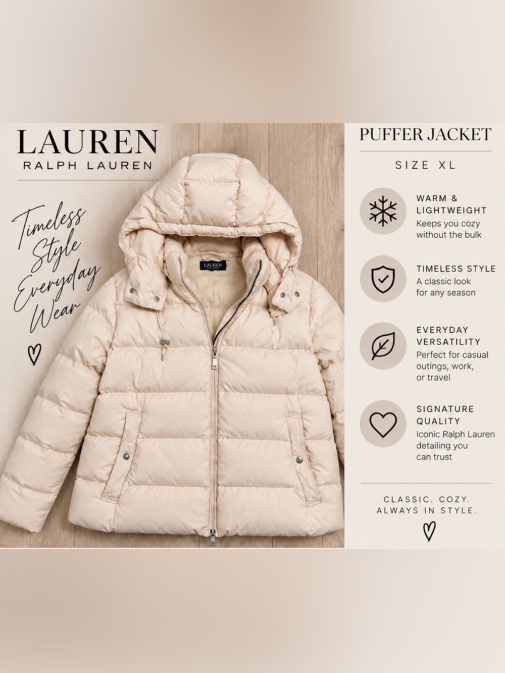 Ralph Lauren Neutral Beige Hooded Puffer Jacket